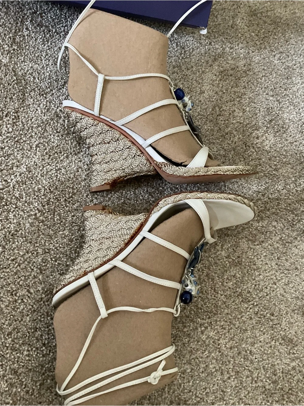 Stuart Weitzman White Strappy Espadrille Wedges with Blue Bead Accents - Picture 6 of 10